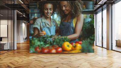 Mother and daughter cooking together in modern kitchen. Overjoyed mom have fun with girl at home, happy young mother teach cook together with daughter in modern kitchen. Cook concept. Family concept.  Wall mural