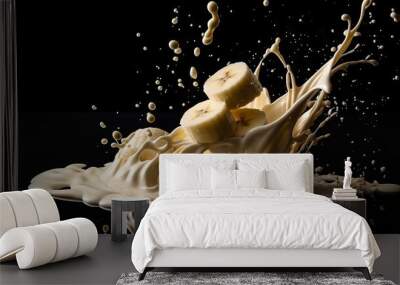 Splashing cream or milk with banana on black background. Created with Generative AI technology Wall mural