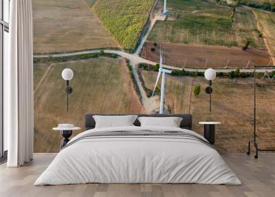 Wind turbine farm and agricultural fields. aerial shot Wall mural