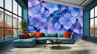 a densely packed seamless pattern of hydrangea petals completely covering the surface. extreme closeup of soft petals overlapping in various angles, creating a lush texture. Wall mural