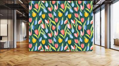 a simple risograph print pattern of an abstract illustration depicting tulips on a green background Wall mural