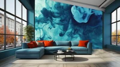 abstract teal ink storm artwork, abstract illustration of ink flowing in the water, creating an abstract design with fluid shapes and splashes of color Wall mural