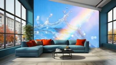 background with rainbow and a gentle water splash in an ultra-soft focus, emphasizing a dreamy, ethereal y2k aesthetic, pure blue sky background Wall mural