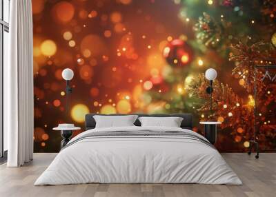 Create a Christmas-themed scene with a beautifully decorated Christmas tree, sparkling ornaments, and twinkling lights Wall mural