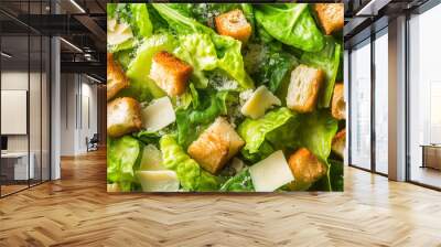 a close-up, top-down view of caesar salad, filling the entire frame with the focus on the crisp romaine lettuce Wall mural