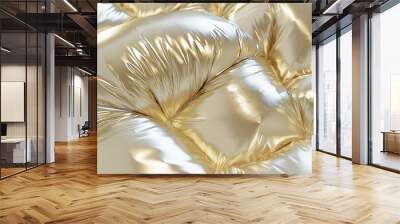 a close-up, top-down view of the surface of an extremely over-inflated metallic gold down jacket, filling the entire frame with balloon-like bulging details Wall mural