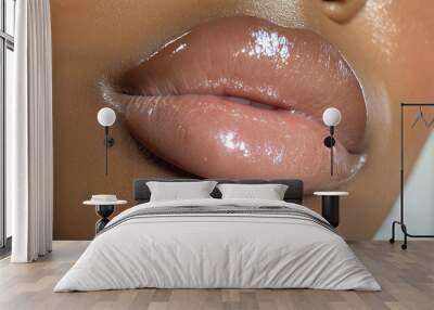 a close-up of the glossy, plump lips with subtle lip gloss texture and natural color Wall mural