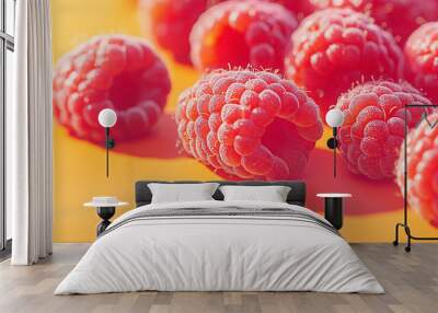 a cluster of fresh raspberries with tiny hairs and natural dew against an isolated pastel orange background Wall mural