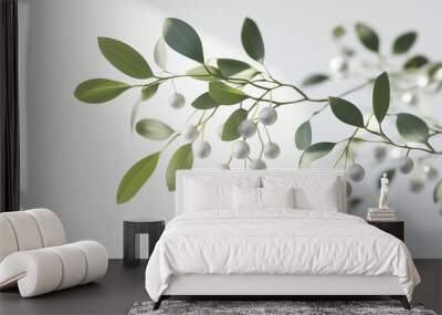 a mistletoe garland with silver berries and green leaves against an isolated white background Wall mural