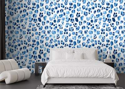 a seamless blue leopard print pattern on a white background, in a watercolor, hand-drawn style Wall mural