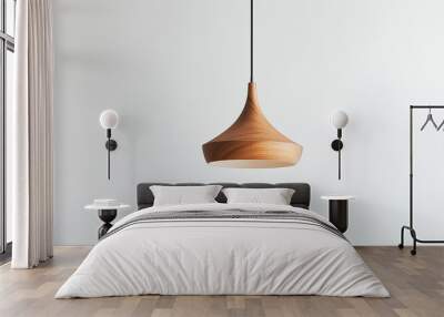 a wooden pendant light fixture with a minimalist design hanging over a dining table against an isolated soft white background Wall mural