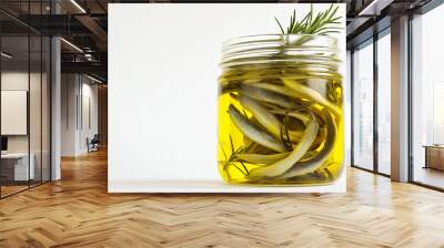 anchovies in a glass jar with olive oil and herbs against an isolated white background Wall mural