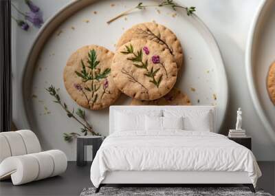 Artfully decorated ginger snap cookies featuring botanical icing designs on white plate Wall mural