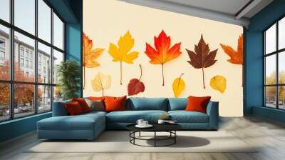 autumn leaves, like maple and oak, in various shades of orange, red, and yellow against an isolated ecru background Wall mural