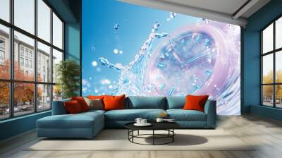 background with a pearlescent plastic wrist watch and a gentle water splash in an ultra-soft focus, emphasizing a dreamy, ethereal y2k aesthetic, pure blue sky background Wall mural