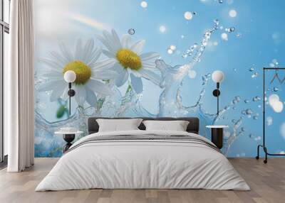 background with two daisies and a gentle water splash in an ultra-soft focus, emphasizing a dreamy, ethereal y2k aesthetic, pure blue sky background Wall mural