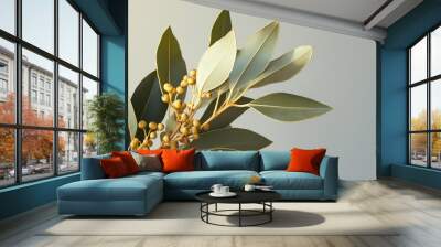 bay leaf  with bay leaves and berries against an isolated soft light gray background Wall mural