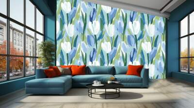 dreamy, abstract tulip pattern, impressionistic naive style, expressive bold brushstrokes, slightly dry gouache texture, soft transitions between pastel colors Wall mural