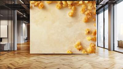 dried mulberries: a frame made from dried mulberries, scattered lightly across a soft beige background, the pale yellow and light brown tones of the berries create a rustic, earthy feel Wall mural