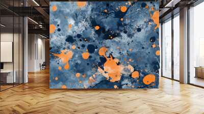 dynamic slate blue and tangerine paint splatter art Wall mural