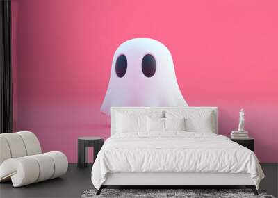 Halloween concept image: a small, simple cartoon ghost with a white sheet-like body and two large, black oval eyes Wall mural