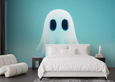 Halloween concept image: a small, simple cartoon ghost with a white sheet-like body and two large, black oval eyes Wall mural