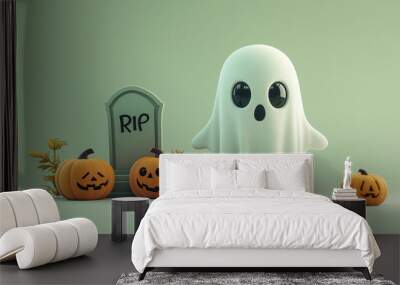 Halloween concept image: a small, simple cartoon ghost with a white sheet-like body and two large, black oval eyes Wall mural