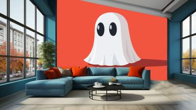 Halloween concept image: a small, simple cartoon ghost with a white sheet-like body and two large, black oval eyes Wall mural