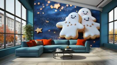 Heartwarming scene of Halloween ghost cookies embracing each other on a midnight blue velvet sky Wall mural