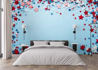 independence day confetti: a patriotic frame made from red, white, and blue star confetti, scattered around the edges of a light sky blue background, the bold colors create a spirited border Wall mural