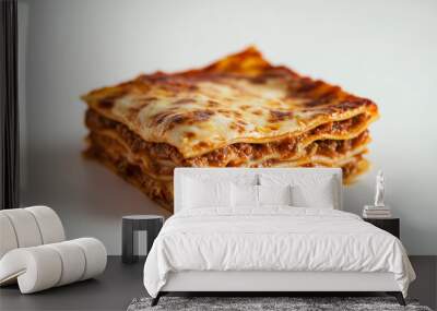 lasagna with layers of pasta, meat sauce, bã©chamel, and melted cheese against an isolated white background Wall mural