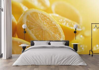 lemon with lemon slices and zest against an isolated soft yellow background Wall mural