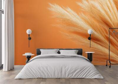 pampas grass with long, slender leaves and fluffy beige plumes against an isolated pastel orange background Wall mural