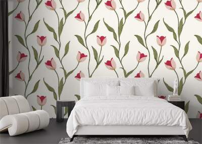 seamless minimalistic embroidery pattern of tulip flowers, each with three pink petals and a few leaves, on a plain ivory background Wall mural