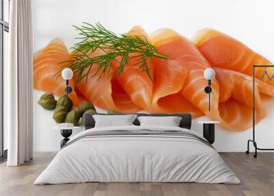 smoked salmon slices with a sprig of dill and capers against an isolated white background Wall mural