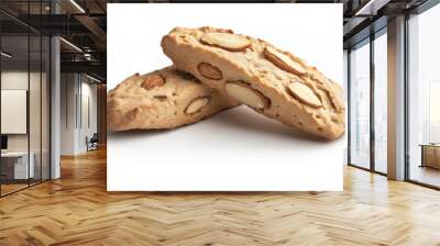 two biscotti with visible almonds and a crunchy texture against an isolated white background Wall mural