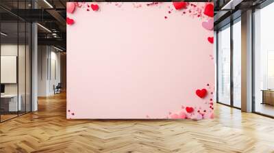 valentineâ€™s day confetti: a romantic frame made from pink and red heart-shaped confetti, arranged around a soft blush background, the sweet colors create a charming border Wall mural