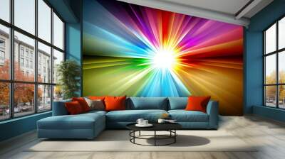 Generative AI, Illustration, Rainbow Sunburst: Imagine a rainbow-colored sunburst, with rays of light and energy that radiate outward from the center Wall mural