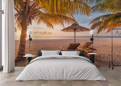 Amazing beach. Romantic chairs sandy beach sea sky. Couple summer holiday vacation for tourism destination. Inspirational tropical landscape. Tranquil scenic relax beach beautiful landscape background Wall mural