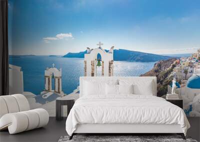 Amazing panoramic landscape, luxury travel vacation. Oia town on Santorini island, Greece. Traditional and famous houses and churches with blue domes over the Caldera, Aegean sea Wall mural