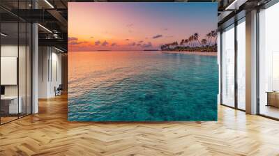 Amazing travel landscape. Beautiful panoramic sunset tropical paradise beach. Tranquil summer vacation or holiday. Tropical sunset beach seaside palm calm peace panorama exotic nature colorful sea sky Wall mural