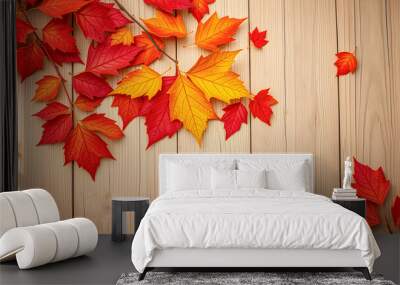 Autumn leaves isolated wooden background. Seasonal colorful fall collection artistic nature wallpaper. Copy space for text creating art vibrant seasonal pattern. Top view, flat lay AI generated Wall mural