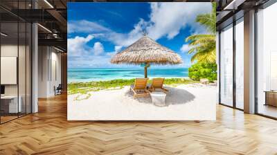 Beach chairs and umbrella in paradise beach. Tropical vacation holiday banner, summer landscape Wall mural