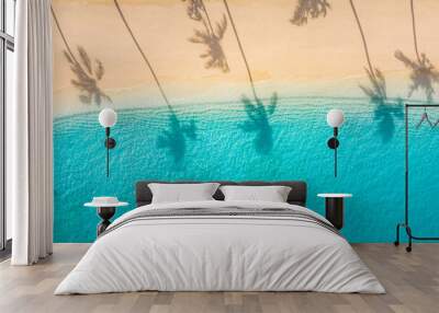 Beach palm trees on the sunny sandy beach and turquoise ocean from above. Amazing summer nature landscape. Stunning sunny beach scenery, relaxing peaceful and inspirational beach vacation template Wall mural