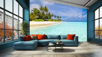 Beach resort landscape, tropical waves surf. Sunny sky horizon summer tourism vacation. Relax luxury background. Amazing sea view blue sea, exotic travel destination. Palm tree white sand dream vibes Wall mural