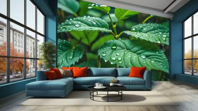 Beautiful abstract dark green of tropical plants green lush after rain drops in monsoon season. rainy season, water drop on green palm leaf, big foliage in rain forest, nature background. AI generated Wall mural