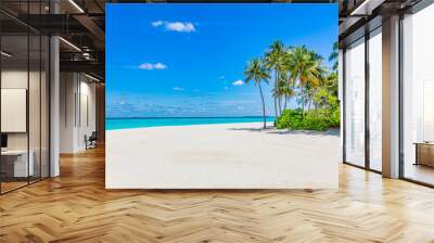 Beautiful amazing beach. Tropical shore background as summer landscape, white sand calm sea sky banner. Tranquil beach scene vacation and summer holiday concept. Dream sunny panoramic nature paradise Wall mural