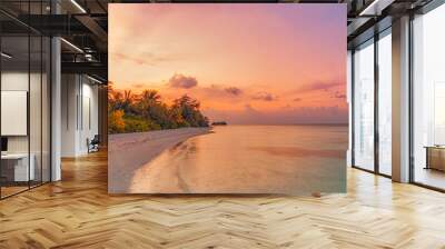 Beautiful closeup calm sea water waves dream sunrise sunset. Tropical island beach landscape, exotic panoramic shore coast. Summer vacation holiday amazing nature. Relax paradise amazing panorama Wall mural