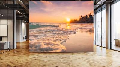 Beautiful closeup wave. Amazing sunset tropical paradise sea beach. Tranquil summer vacation holiday landscape. Tropical sunset beach seaside palm trees silhouette. Positive energy nature seascape Wall mural