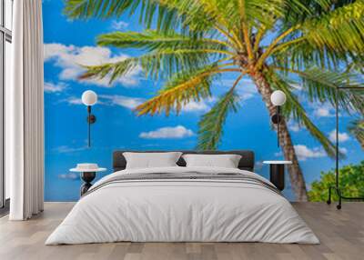 Beautiful panorama nature. Tropical sunny beach as summer island landscape couple chairs umbrella palm leaves calm sea shore, coast. Romantic travel panoramic destination, togetherness vacation banner Wall mural